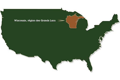 Carte des Etats-Unis avec focus sur le Wisconsin dans la région des Grands Lacs au Nord du pays